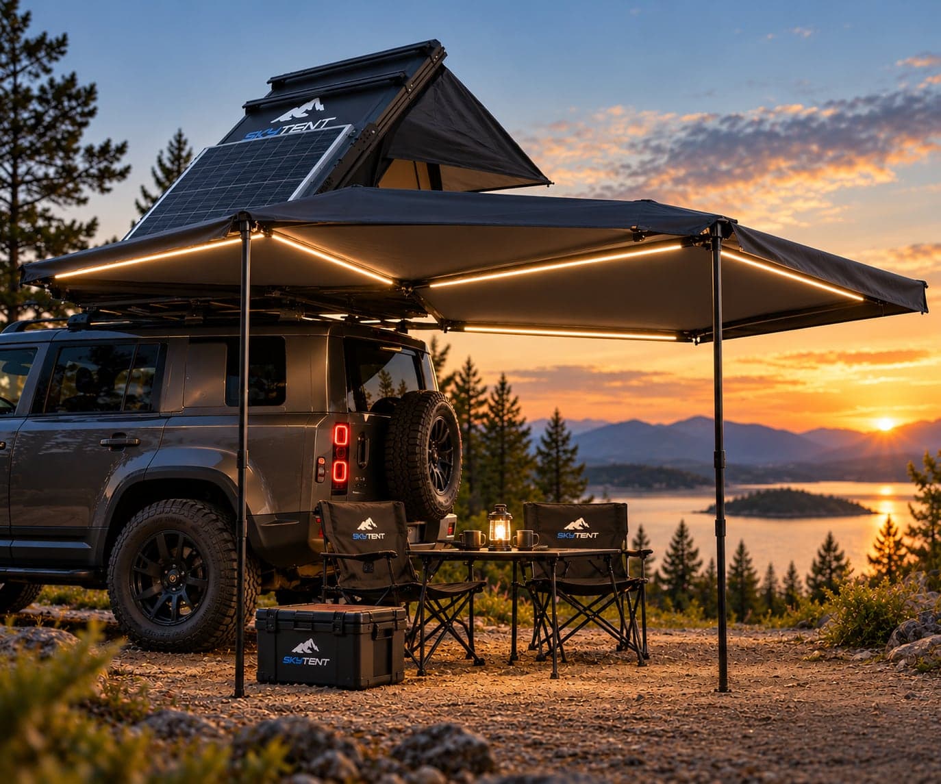 Крышная палатка SkyTent и маркиза 180° на крыше внедорожника на закате